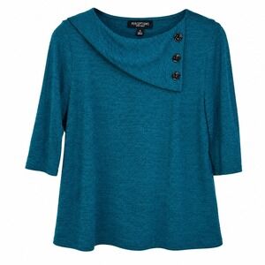 Perceptions New York Womens Teal Knit Top 3/4 Sleeve Button Neck Size 12